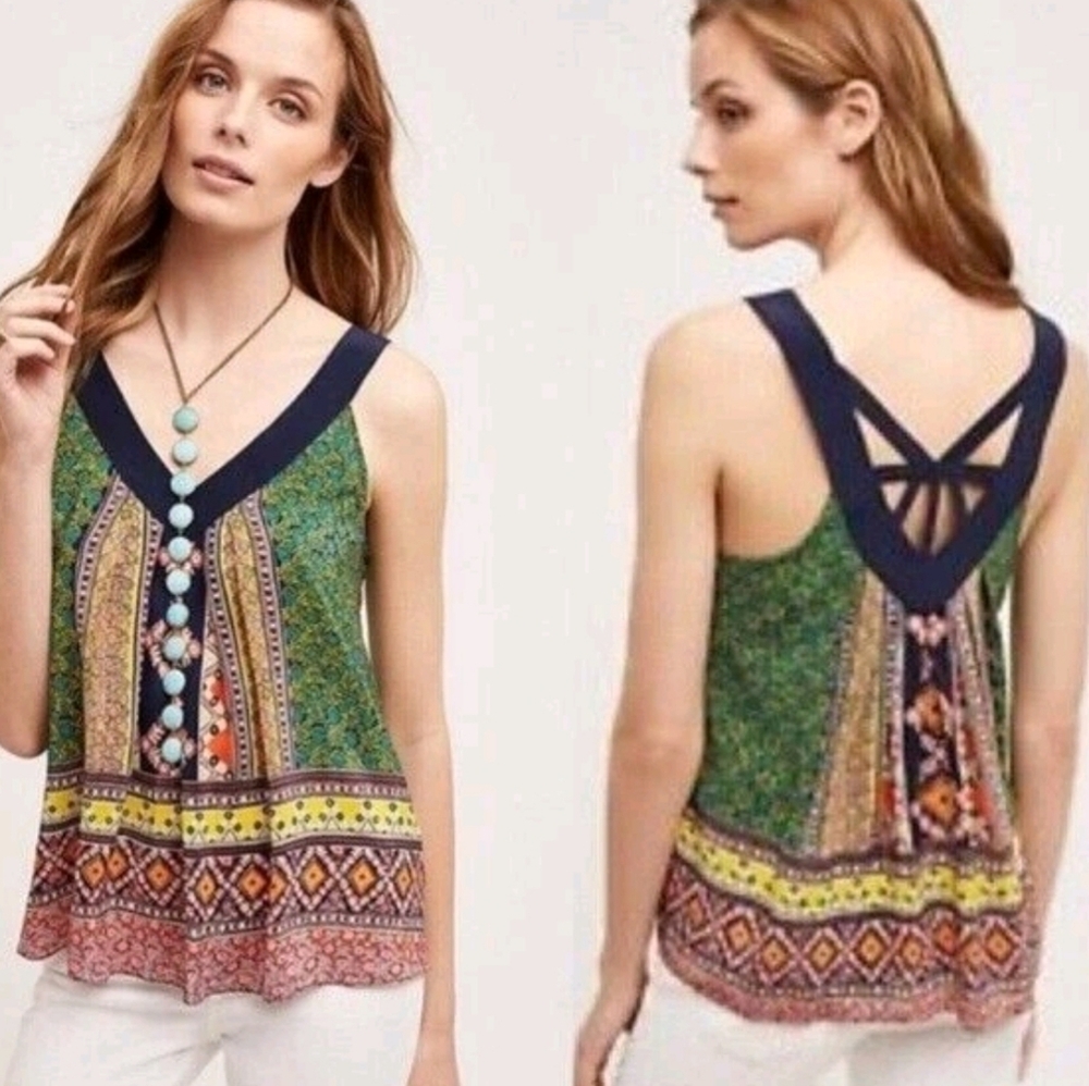 Anthropologie Maeve Sapelo 100% Silk, Scarf Print Boho Tank Sheer - Picture 2 of 10